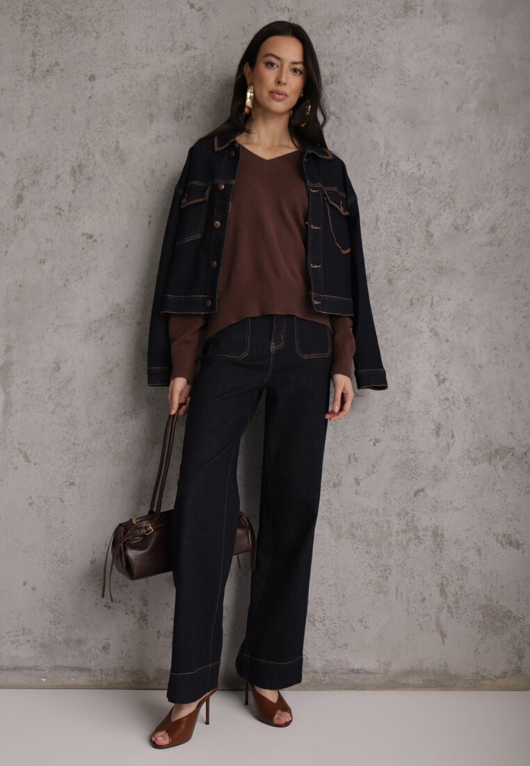 33 Chocolate Brown Knit Outfits for January Weekends That Are Chic, Warm and Elegant 16 Chocolate Brown Knit Sweater with a Denim Jacket Layered Over