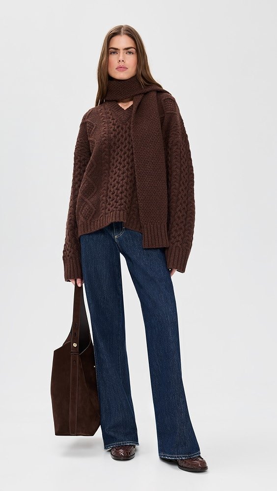 33 Chocolate Brown Knit Outfits for January Weekends That Are Chic, Warm and Elegant 20 Chocolate Brown Cable Knit with a Wool Scarf and Dark Denim