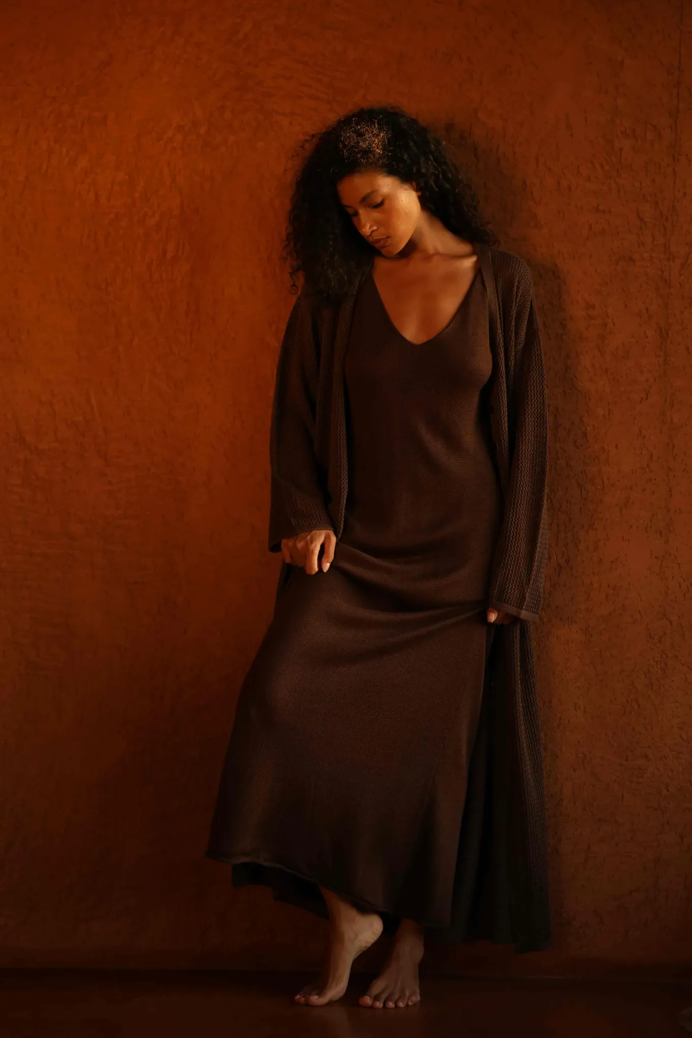33 Chocolate Brown Knit Outfits for January Weekends That Are Chic, Warm and Elegant 22 Chocolate Brown Knit Cardigan with a Slip Dress Layered Under