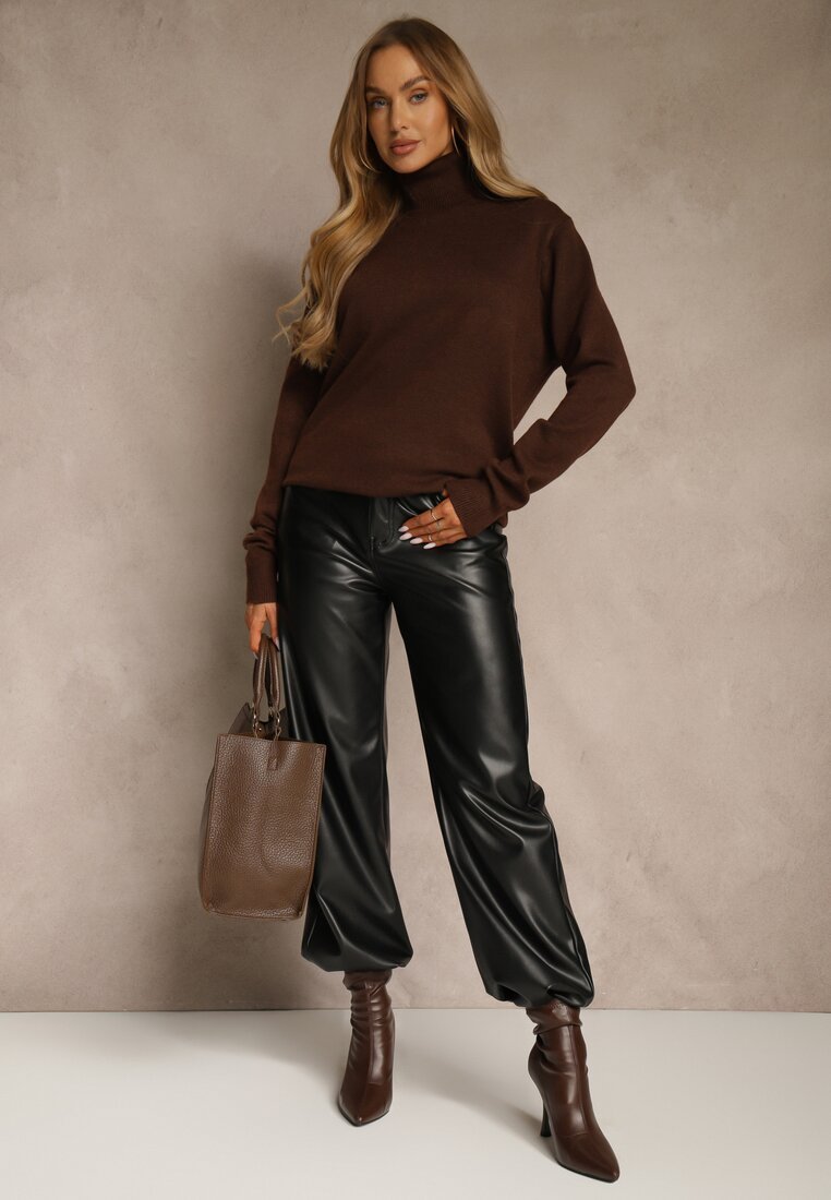 33 Chocolate Brown Knit Outfits for January Weekends That Are Chic, Warm and Elegant 31 Chocolate Brown Knit Sweater with Leather Trousers