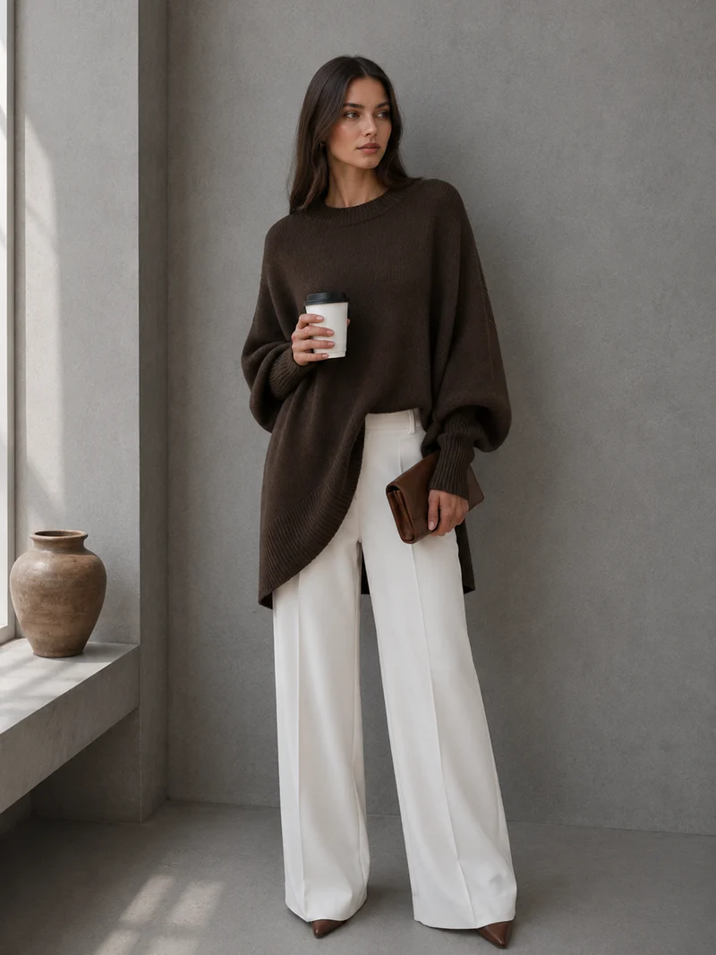 33 Chocolate Brown Knit Outfits for January Weekends That Are Chic, Warm and Elegant 34 Chocolate Brown Chunky Knit with White Trousers
