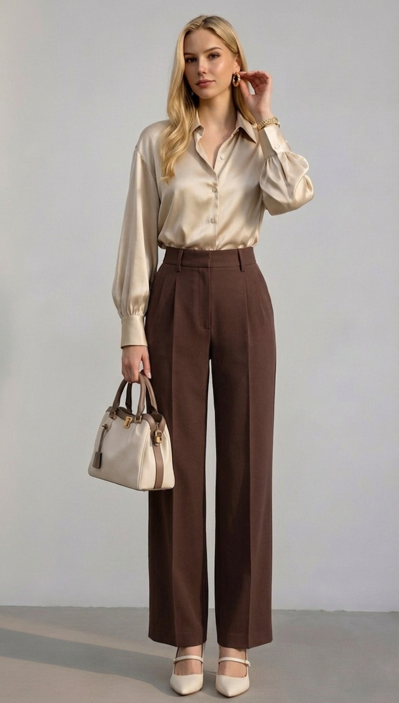 Chocolate Brown Wide-Leg Trousers with a Cream Blouse and Heels
