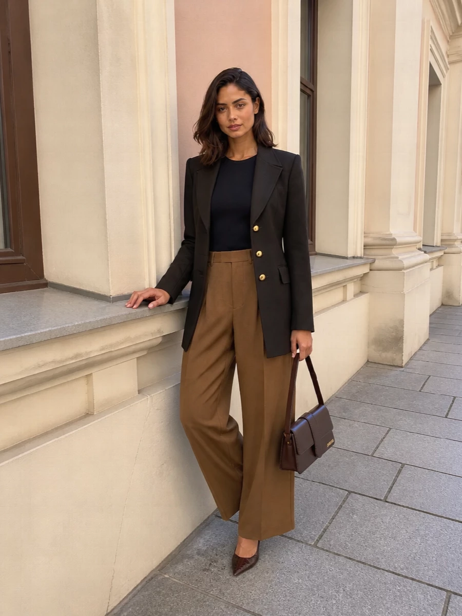 Chocolate Brown Tailored Trousers with a Black Blazer