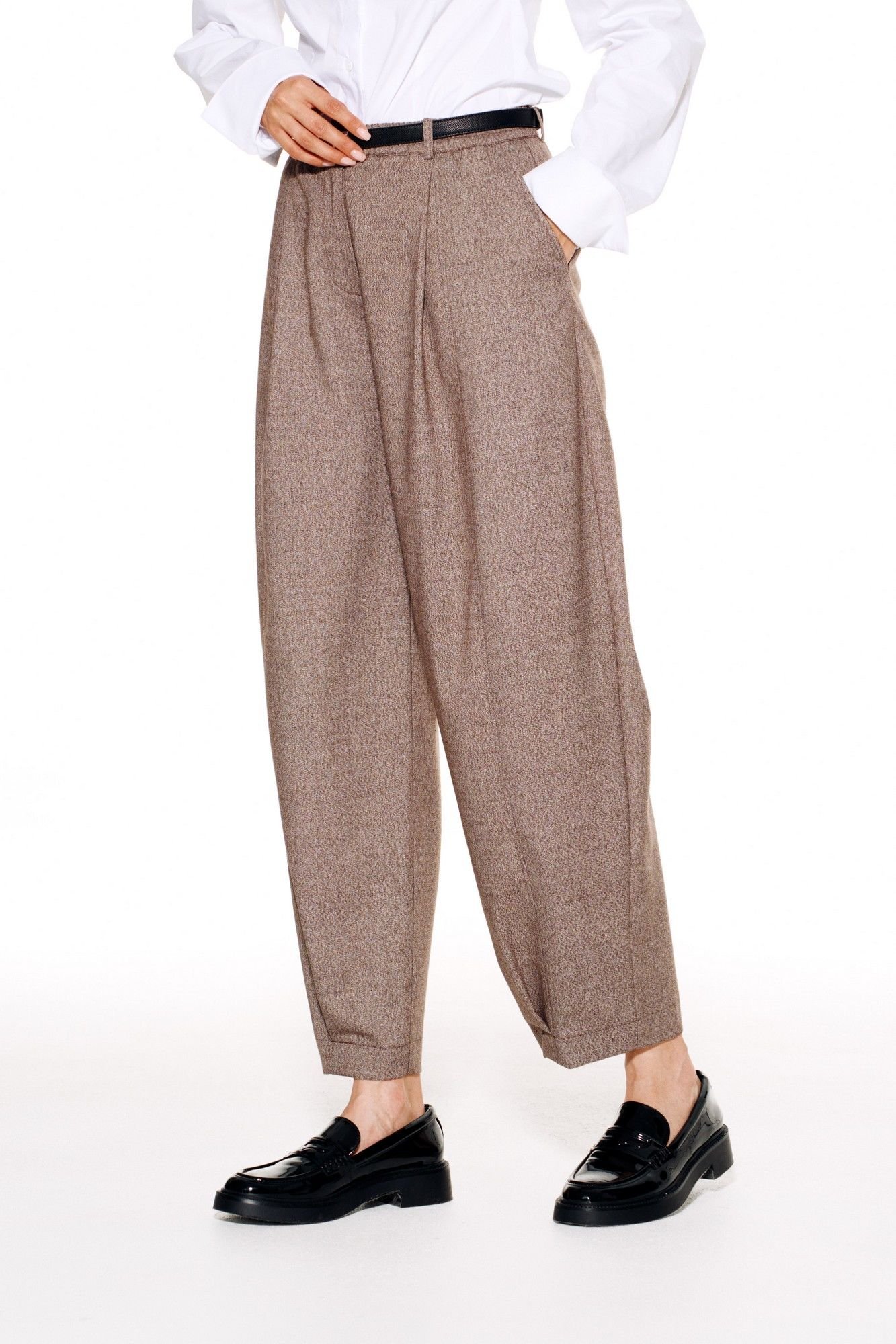 Chocolate Brown Pleated Trousers with a White Shirt and Loafers