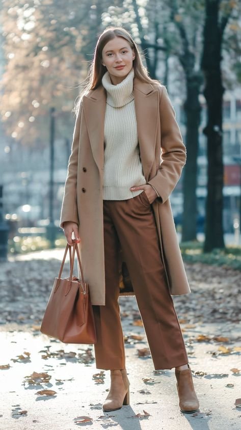 Chocolate Brown Straight Trousers with a Camel Coat