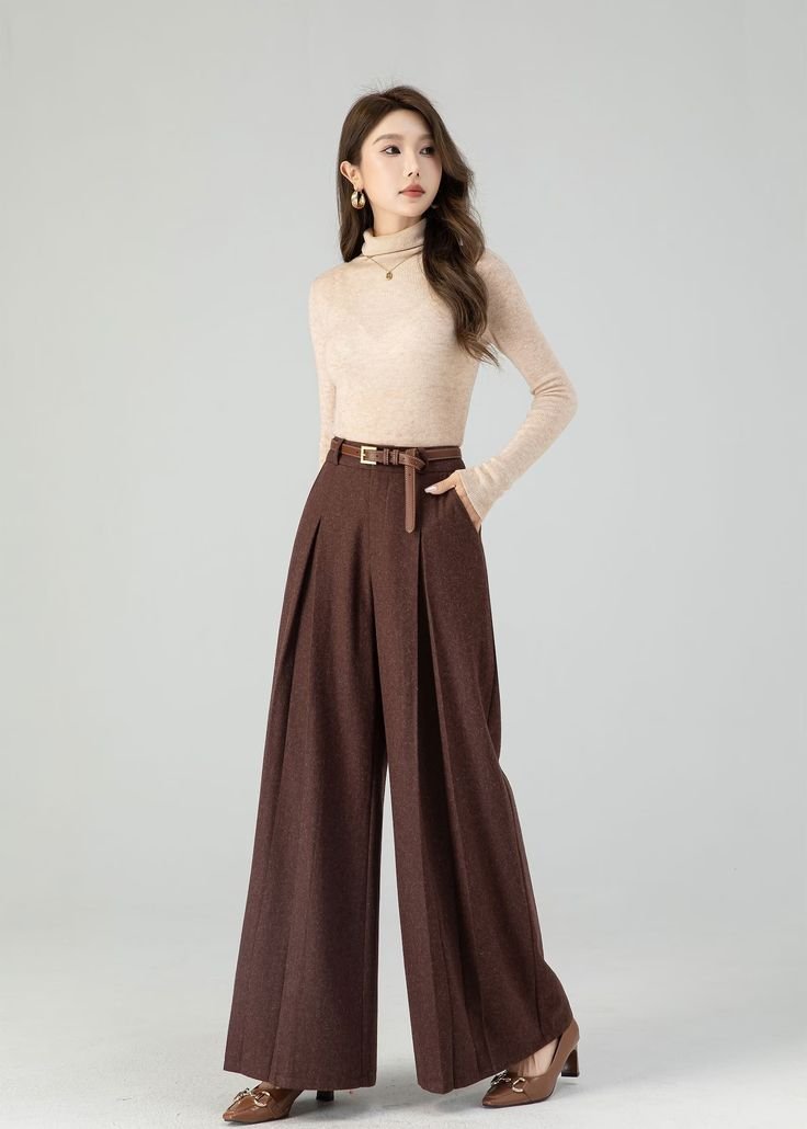 Chocolate Brown Wide-Leg Trousers with a Turtleneck Knit