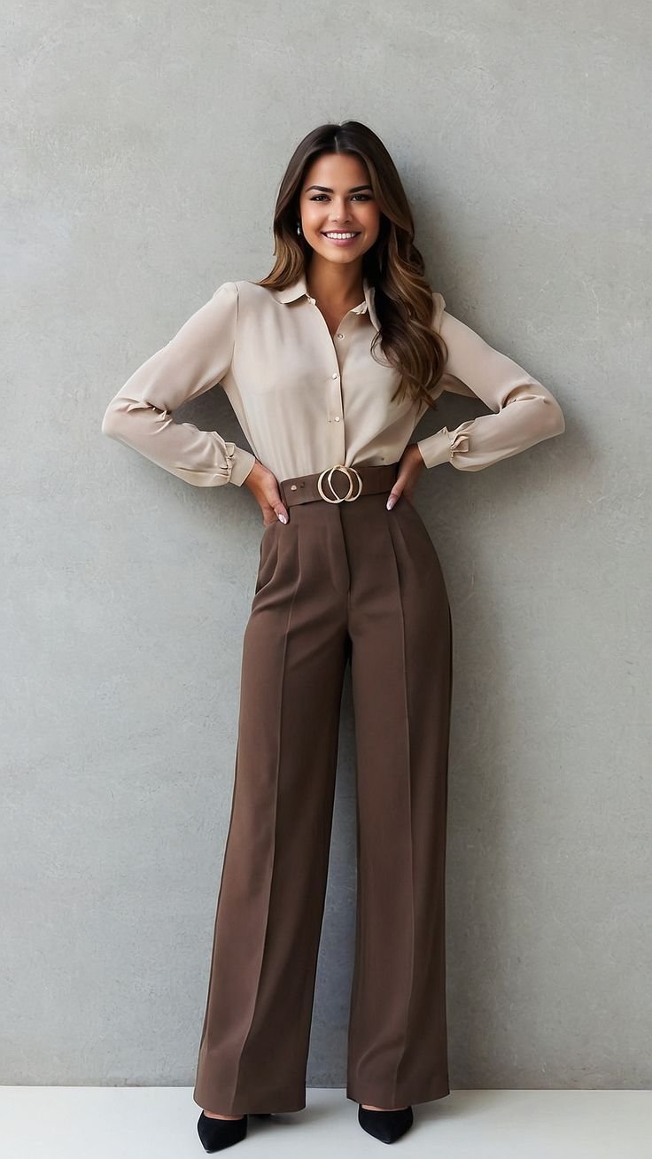 Chocolate Brown Tailored Trousers with a Satin Blouse