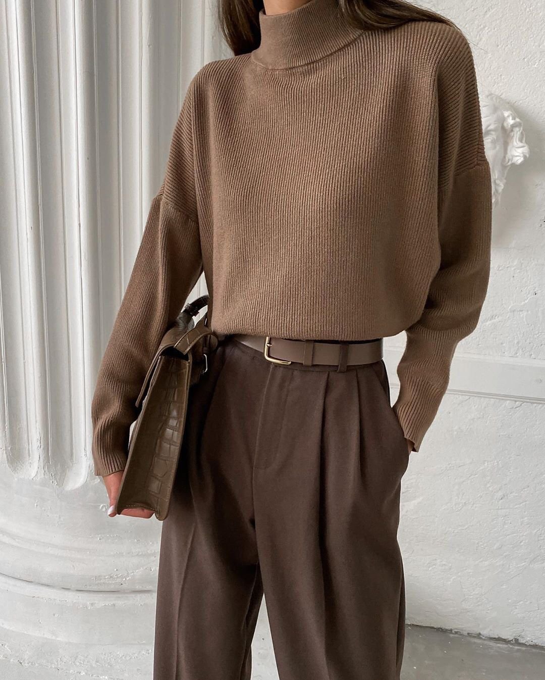 Chocolate Brown Pleated Trousers with a Fitted Knit Top