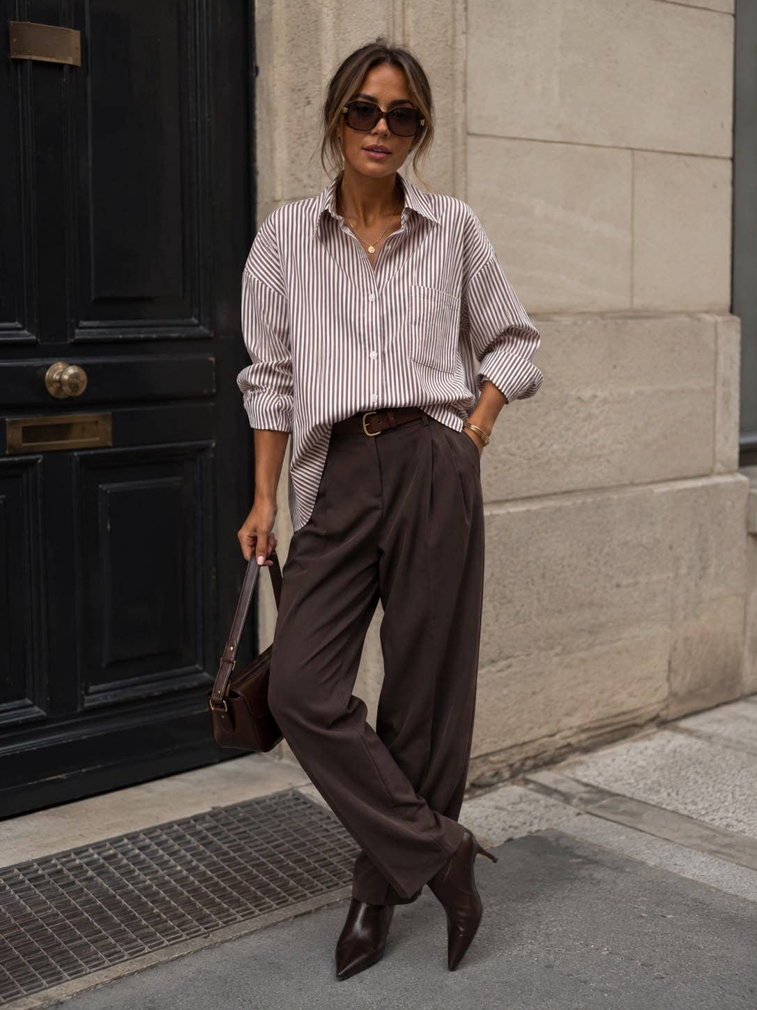 Chocolate Brown Wide-Leg Trousers with a Striped Shirt