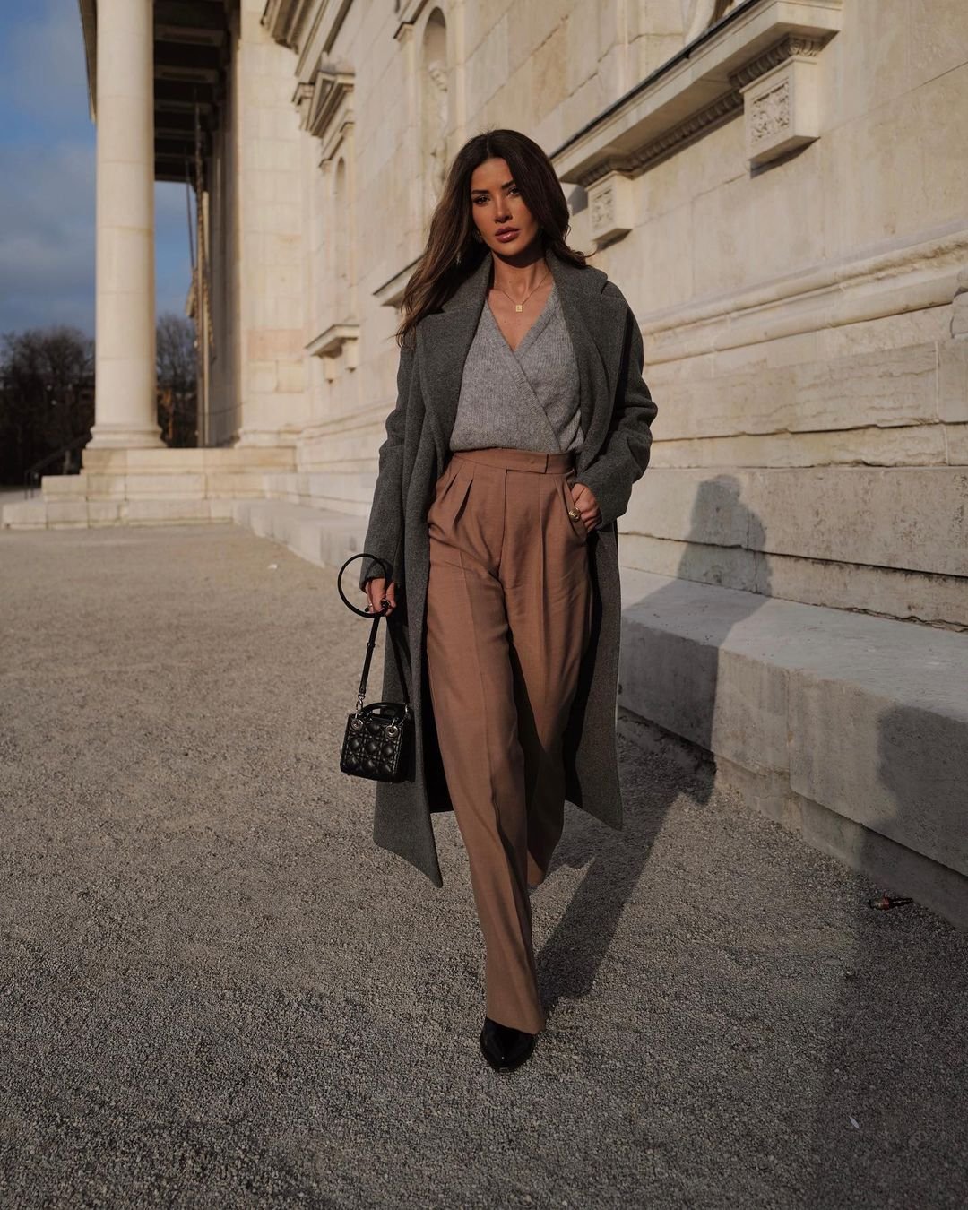Chocolate Brown Tailored Trousers with a Grey Coat