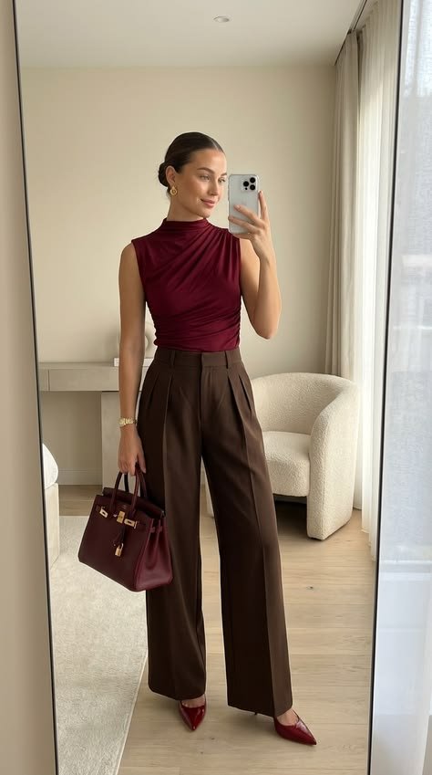 Chocolate Brown Trousers with a Burgundy Blouse and Heels