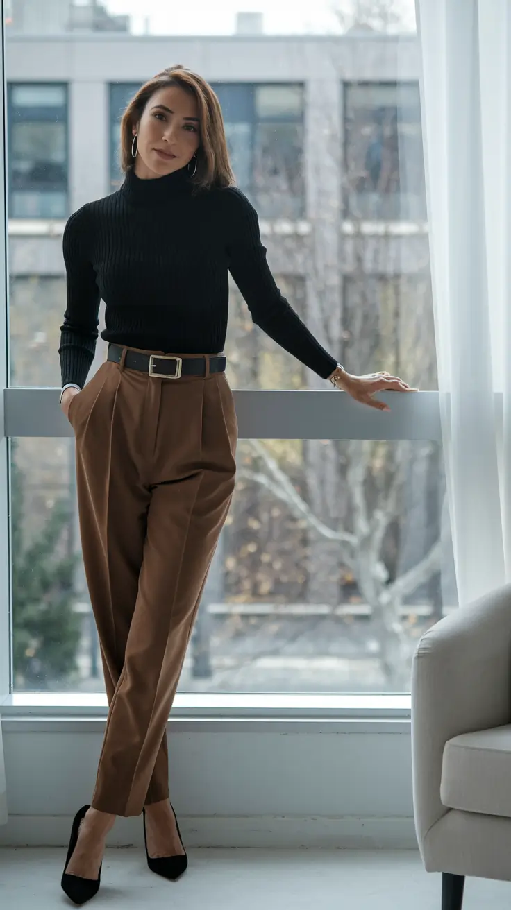 Chocolate Brown Straight Trousers with a Black Knit and a Belt