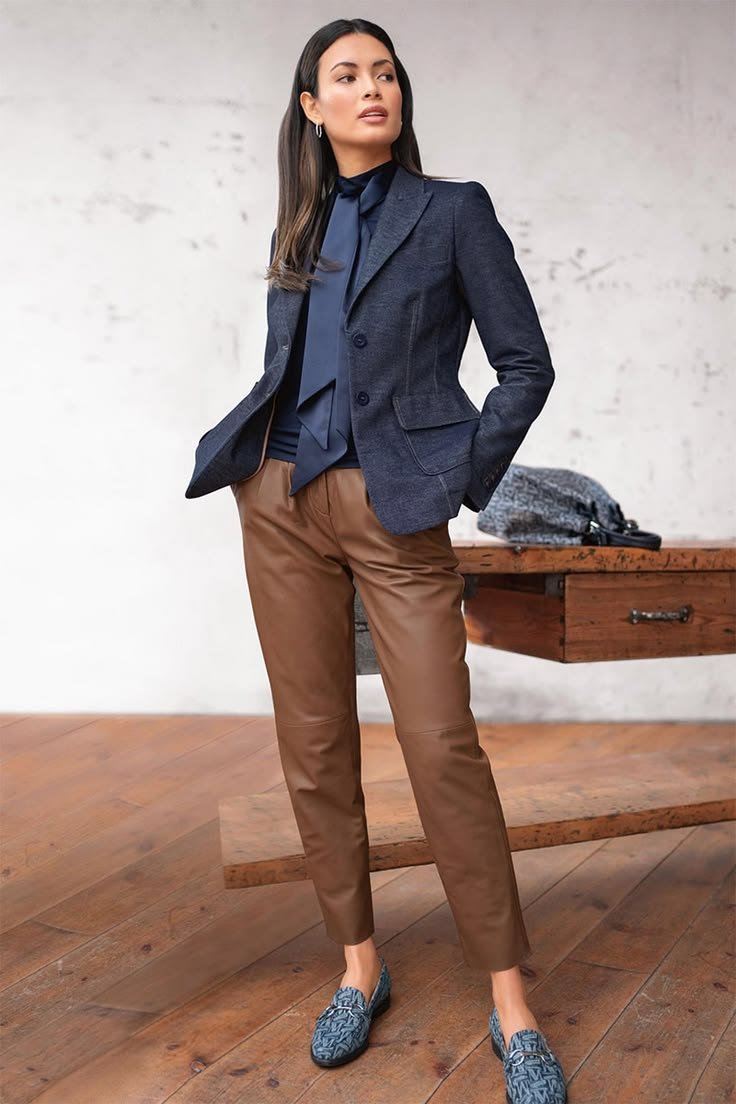Chocolate Brown Pleated Trousers with a Navy Blazer