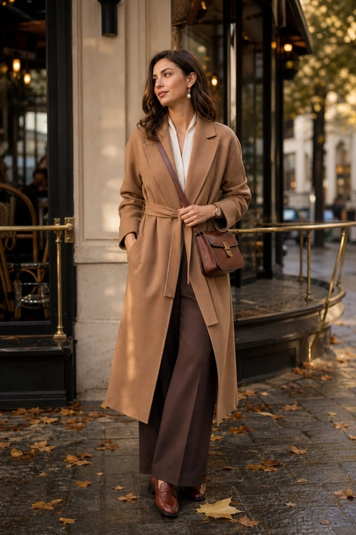 Chocolate Brown Tailored Trousers with a White Blouse and a Long Coat