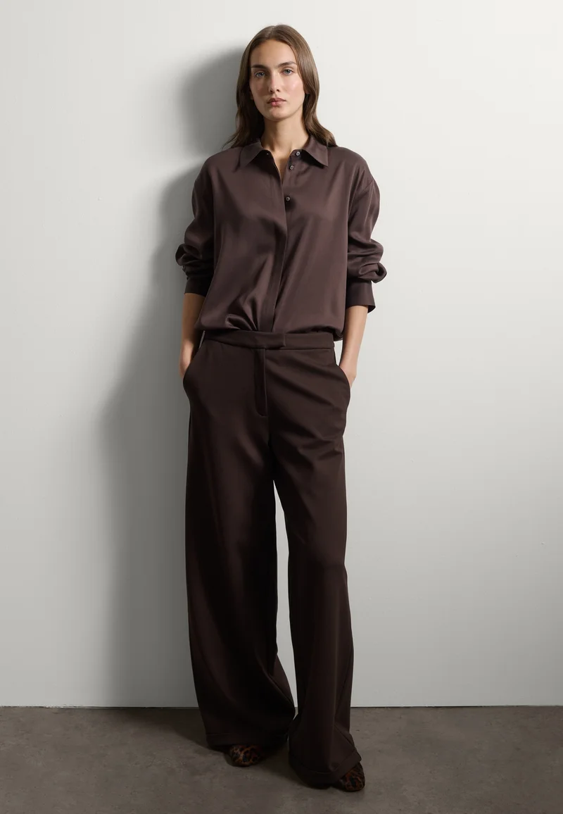 Chocolate Brown Wide-Leg Trousers with a Silk Shirt