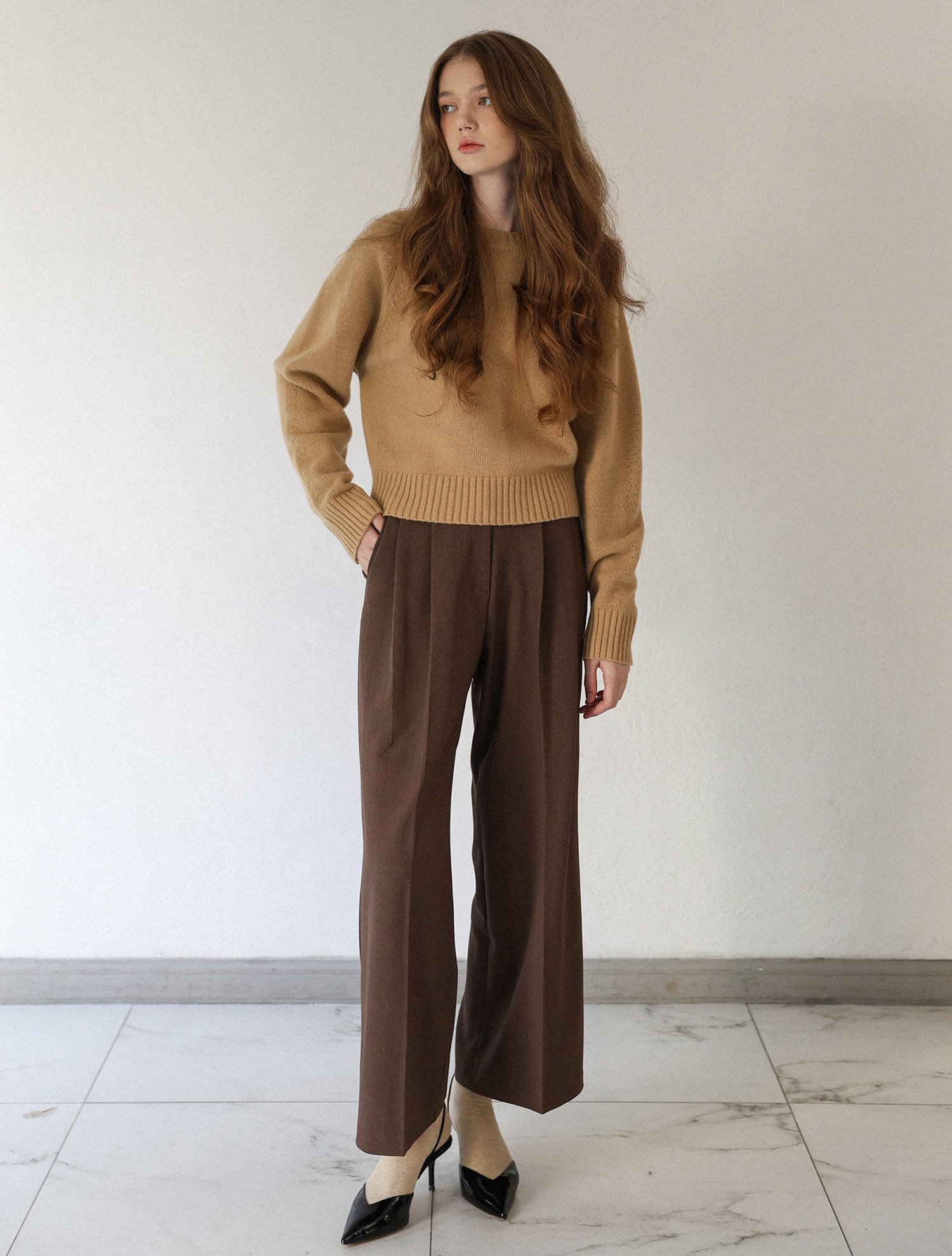Chocolate Brown Pleated Trousers with a Camel Knit