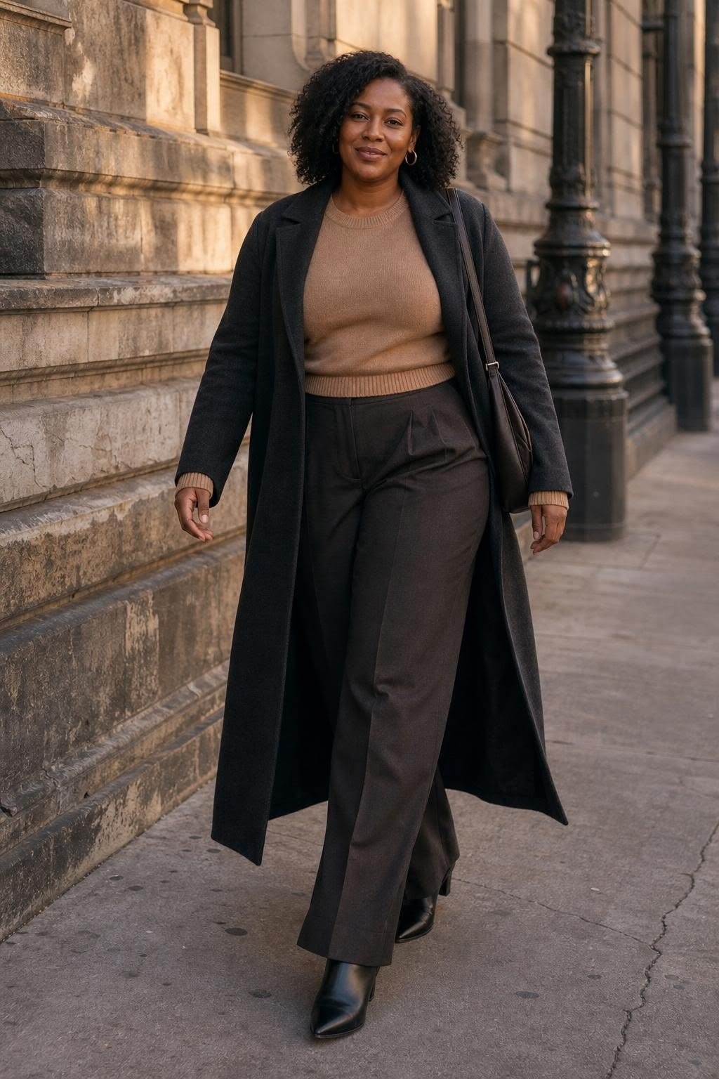 Chocolate Brown Tailored Trousers with a Black Coat