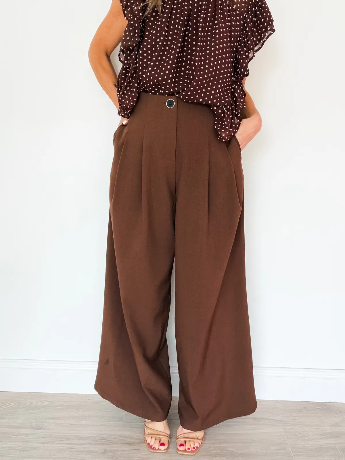 Chocolate Brown Wide-Leg Trousers with a Polka Dot Blouse