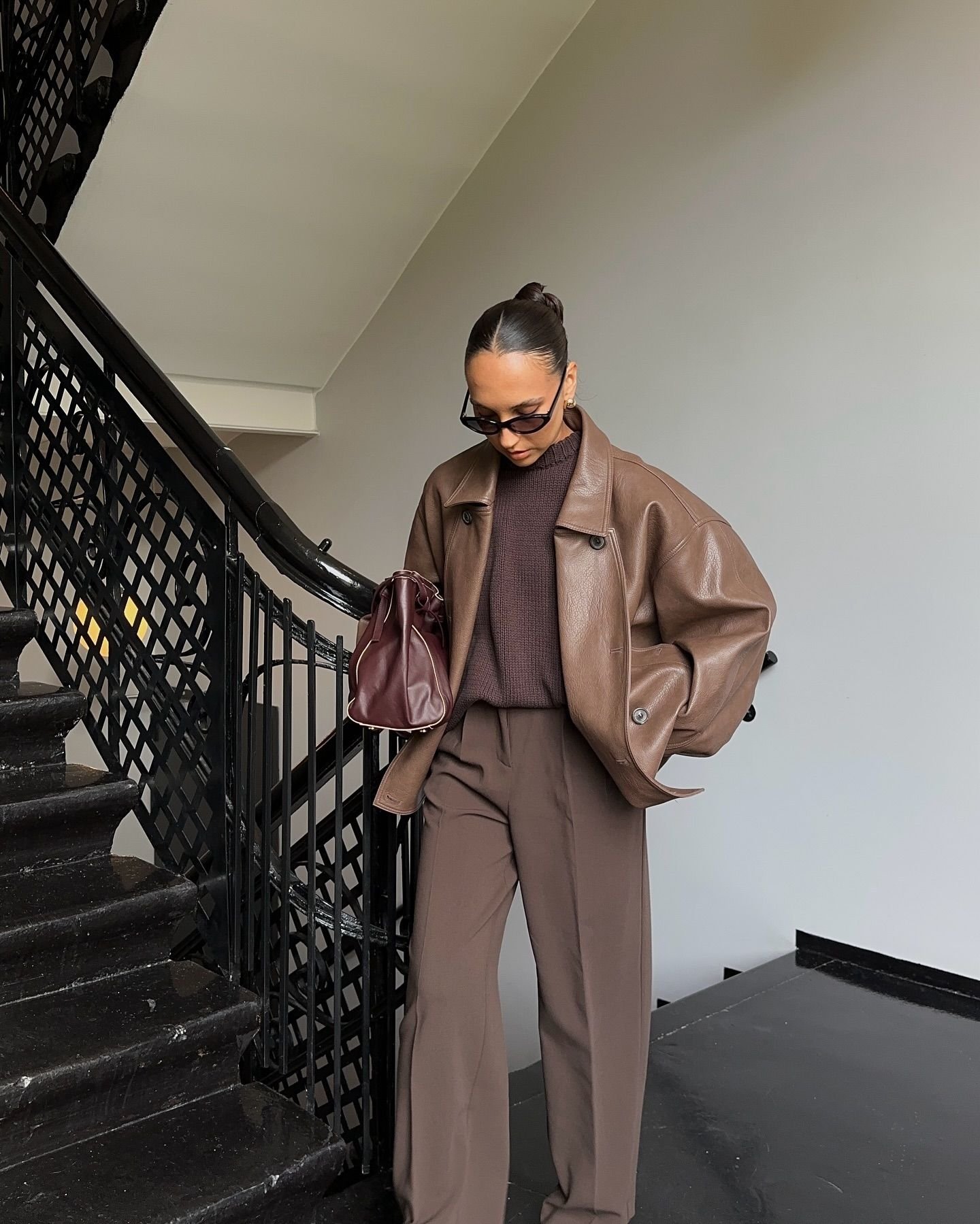 Chocolate Brown Trousers with a Leather Jacket for Smart Fridays