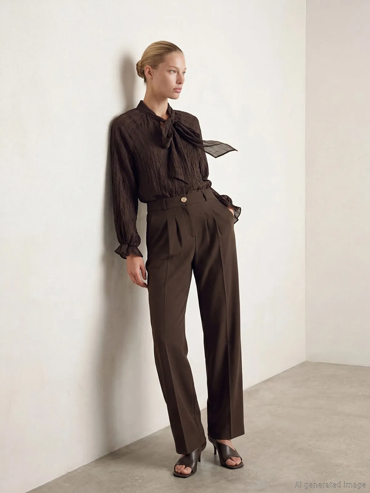 Chocolate Brown Tailored Trousers with a Pussybow Blouse