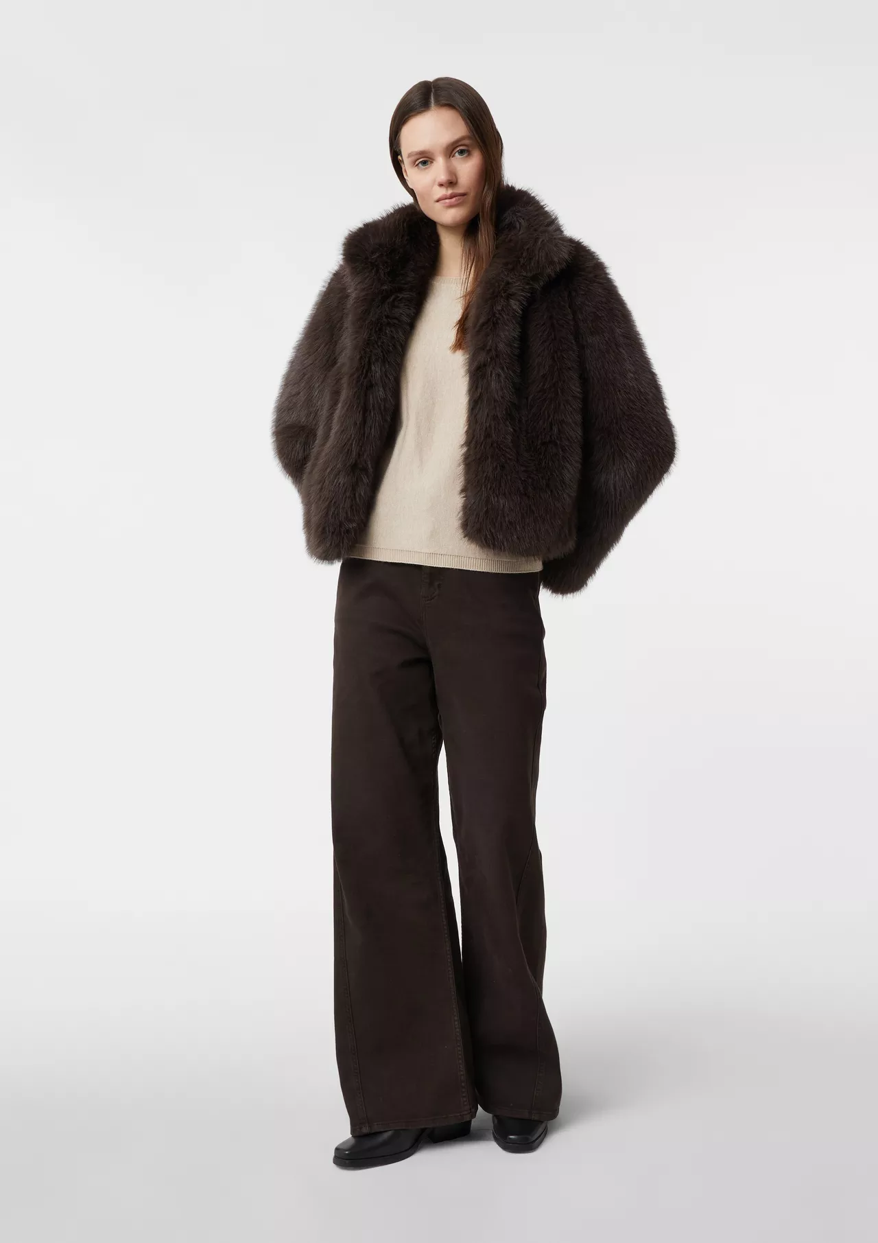 Chocolate Brown Wide-Leg Trousers with a Faux Fur Jacket