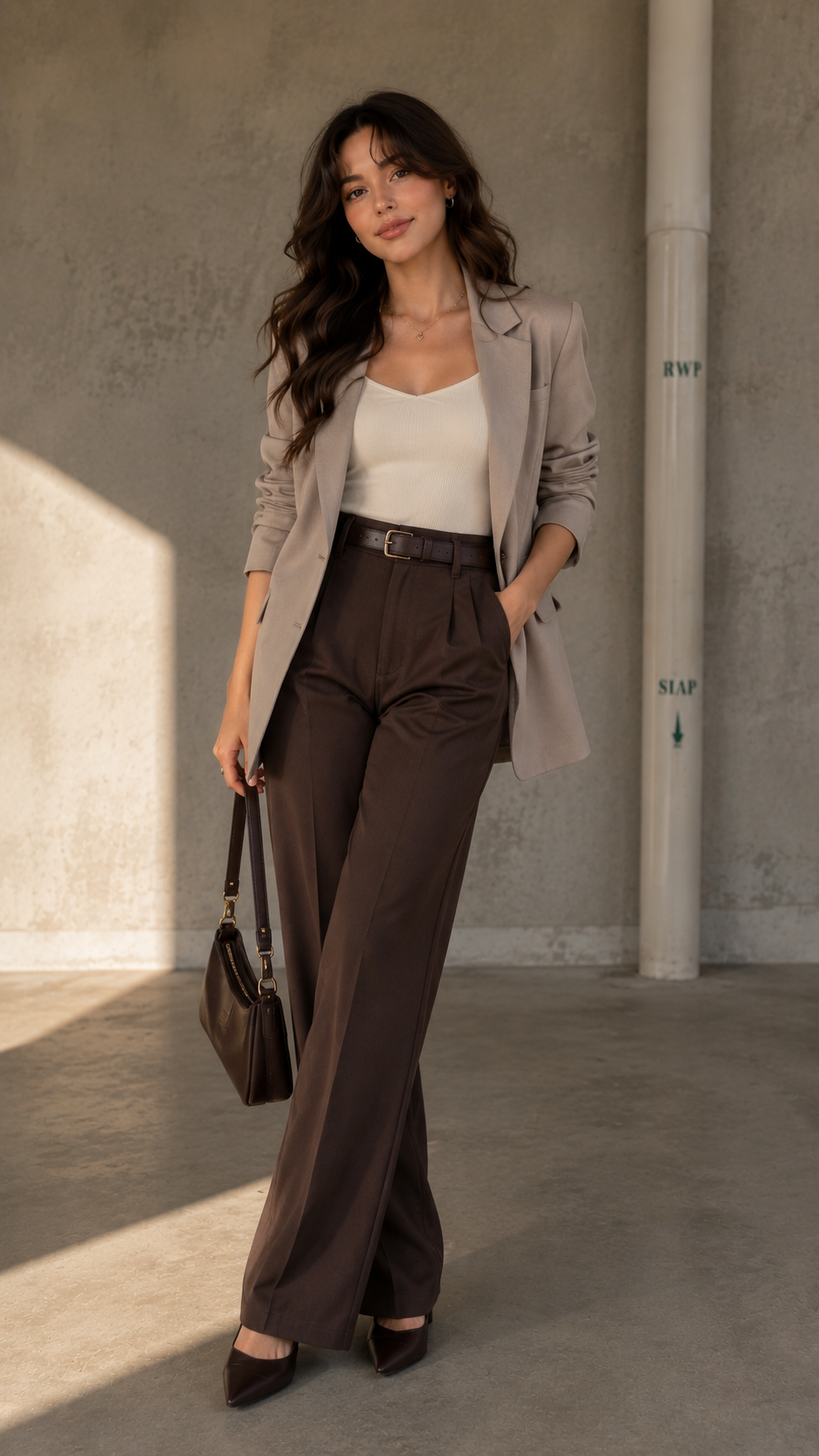 Chocolate Brown Trousers with a Grey Blazer and White Top
