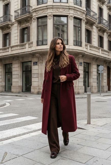 Chocolate Brown Straight Trousers with a Burgundy Coat