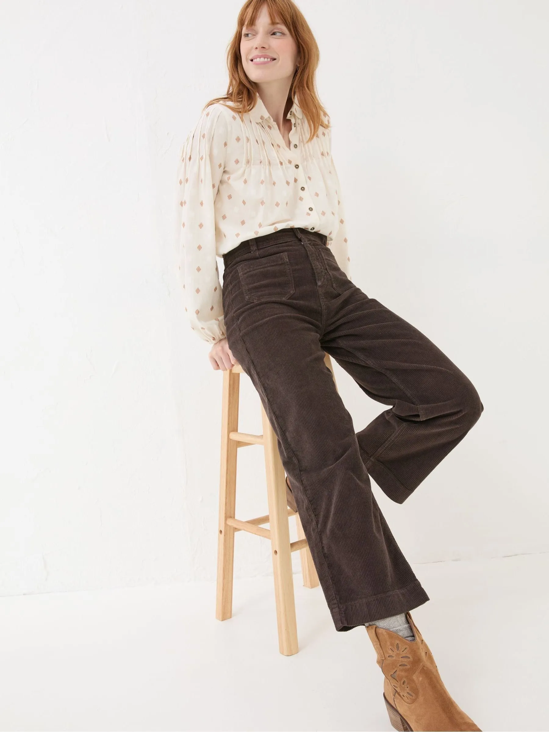 Chocolate Brown Corduroy Trousers with a Cream Blouse