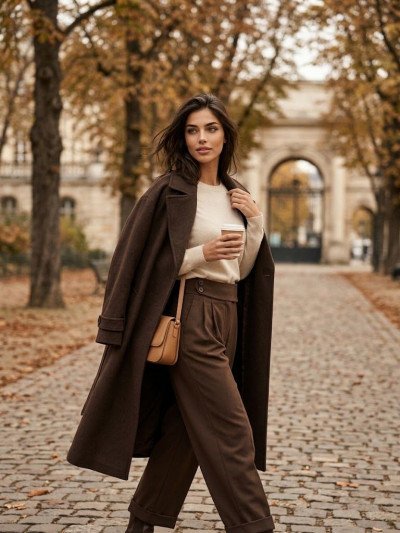 Chocolate Brown Tailored Trousers with a Trench Coat