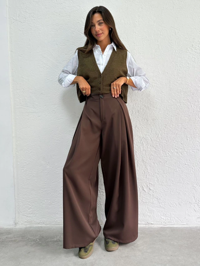 Chocolate Brown Wide-Leg Trousers with a Knit Vest and Shirt