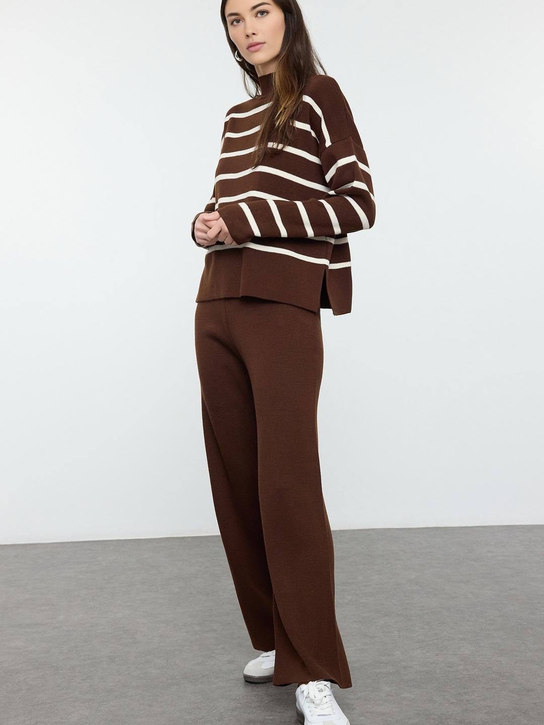 Chocolate Brown Straight Trousers with a Striped Knit