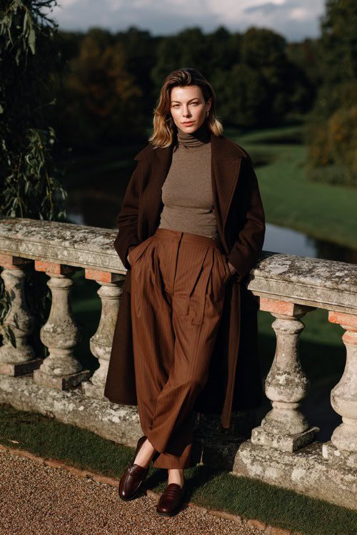 Chocolate Brown Pleated Trousers with a Wool Coat