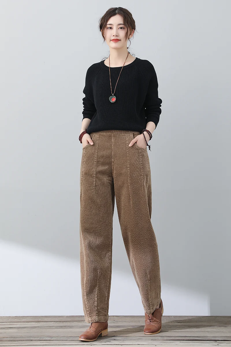 Chocolate Brown Corduroy Trousers with a Black Blouse