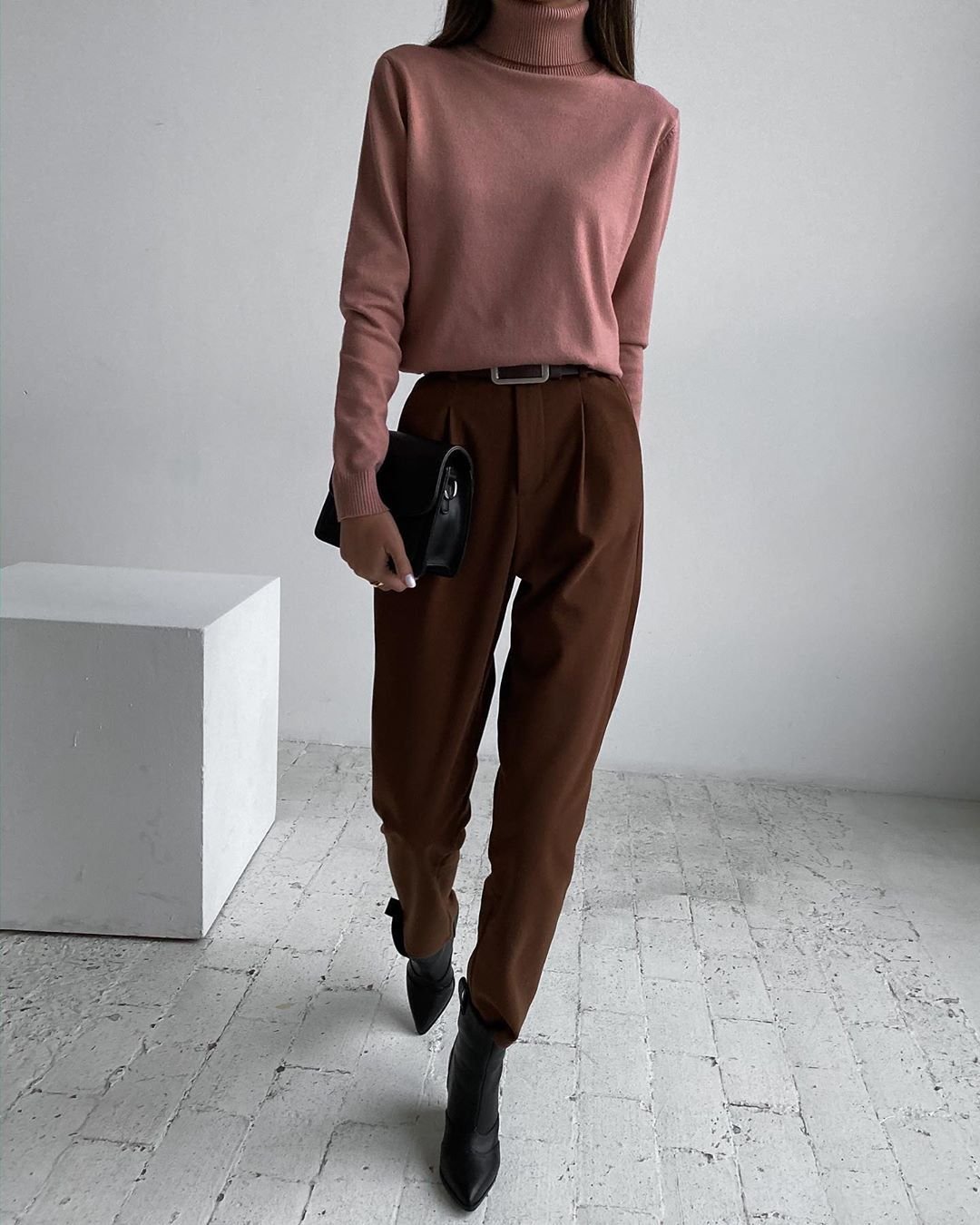 Chocolate Brown Tailored Trousers with a Pink Blouse