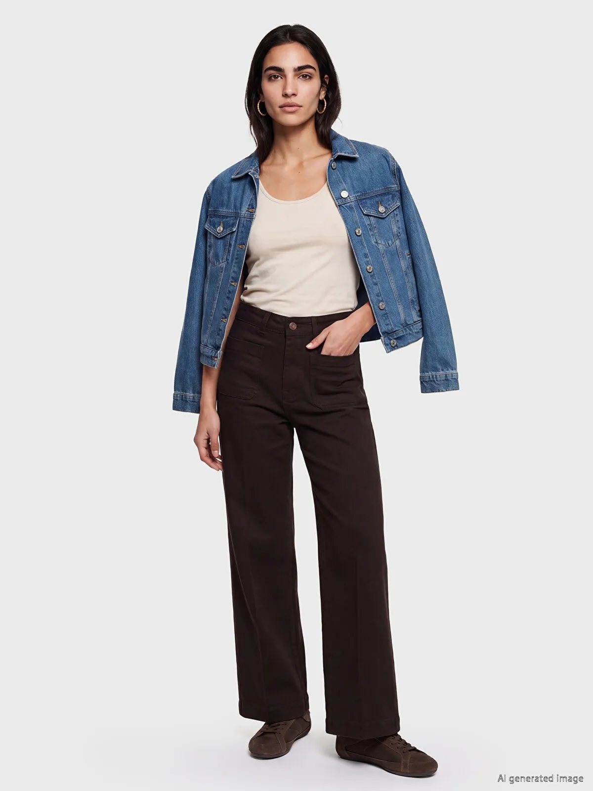Chocolate Brown Wide-Leg Trousers with a Denim Jacket