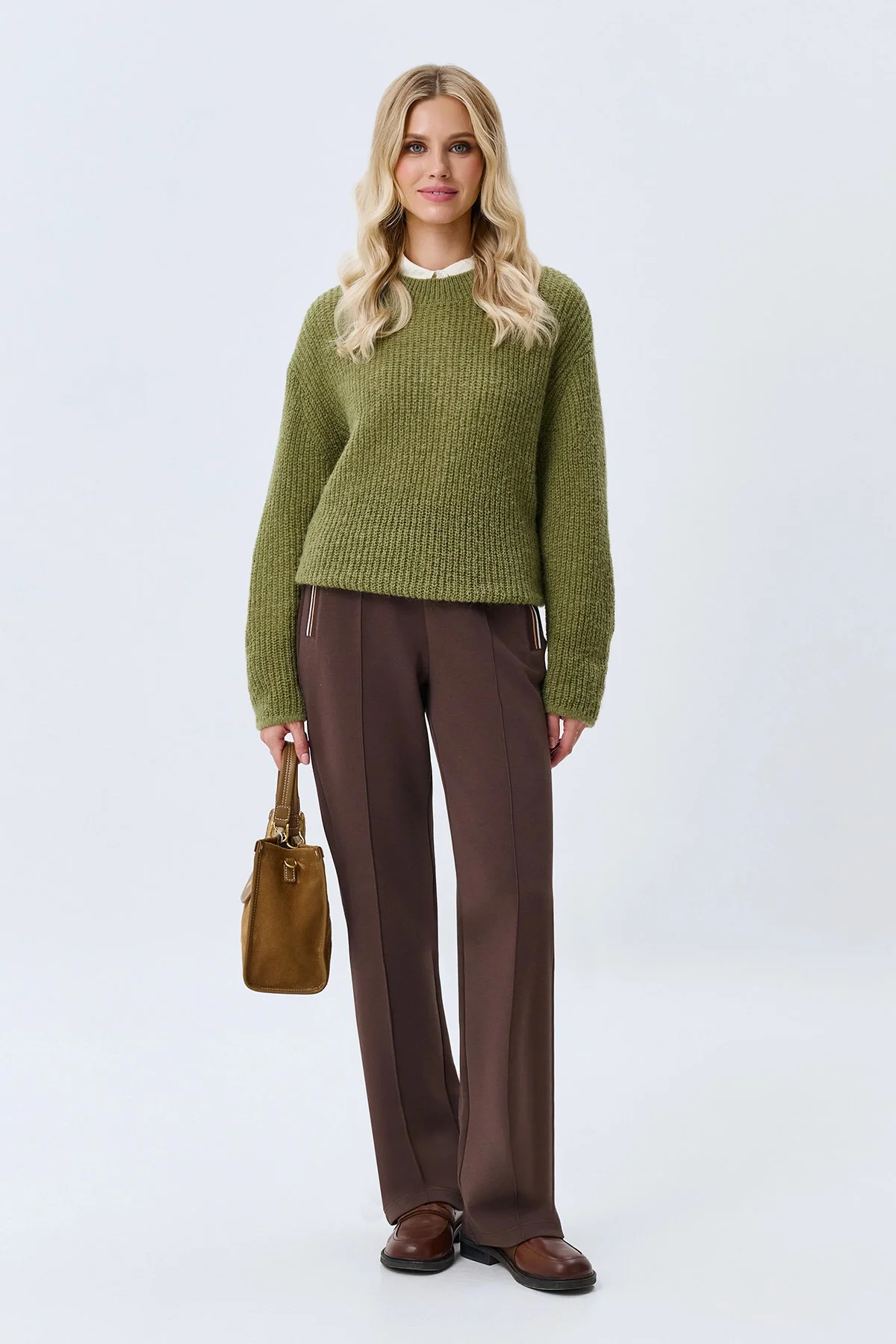Chocolate Brown Straight Trousers with a Green Knit
