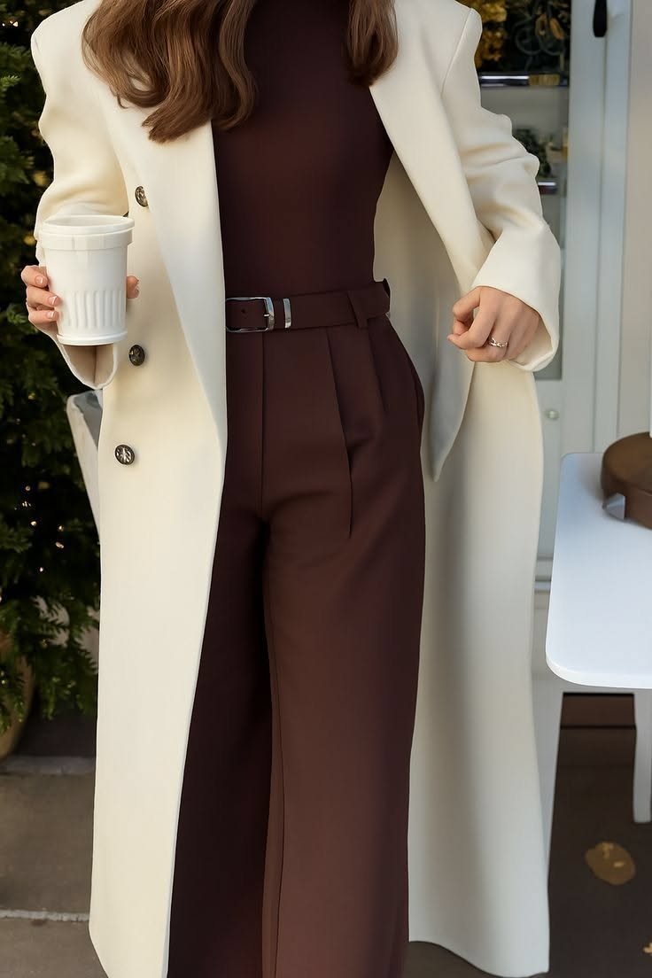 Chocolate Brown Pleated Trousers with a Cream Coat