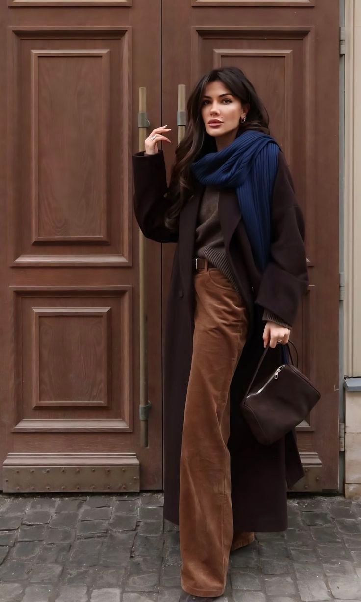 Chocolate Brown Corduroy Trousers with a Scarf and Ankle Boots
