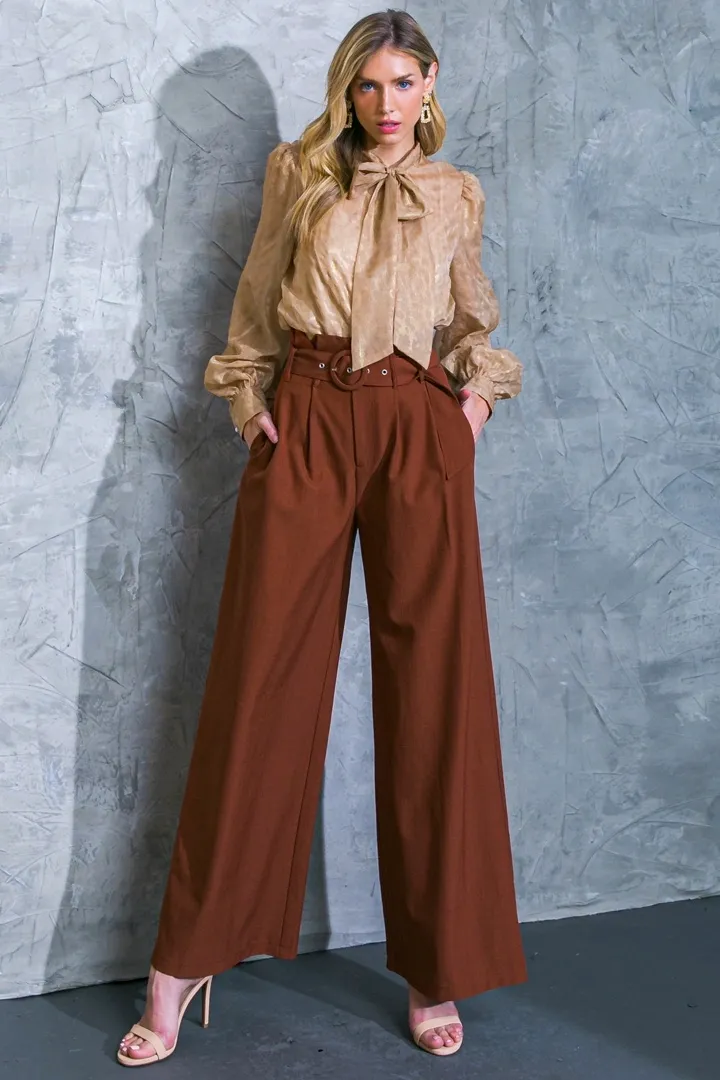 Chocolate Brown Tailored Trousers with a Gold Blouse for Evenings