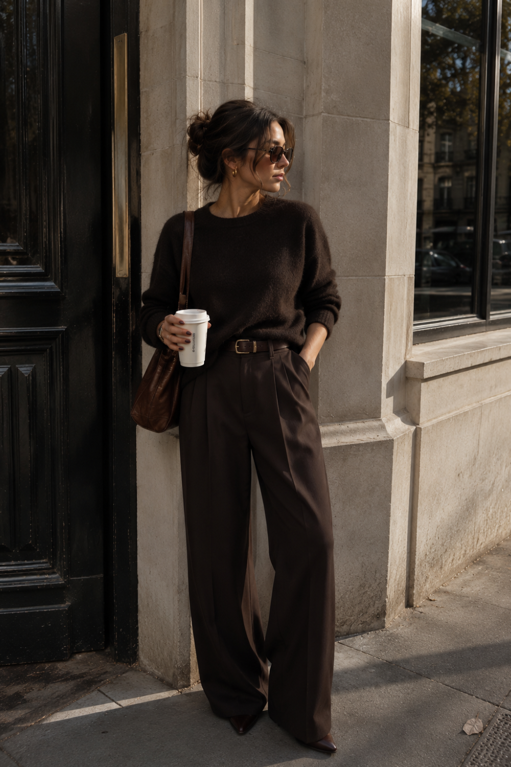 Chocolate Brown Trousers with a Monochrome Brown Knit