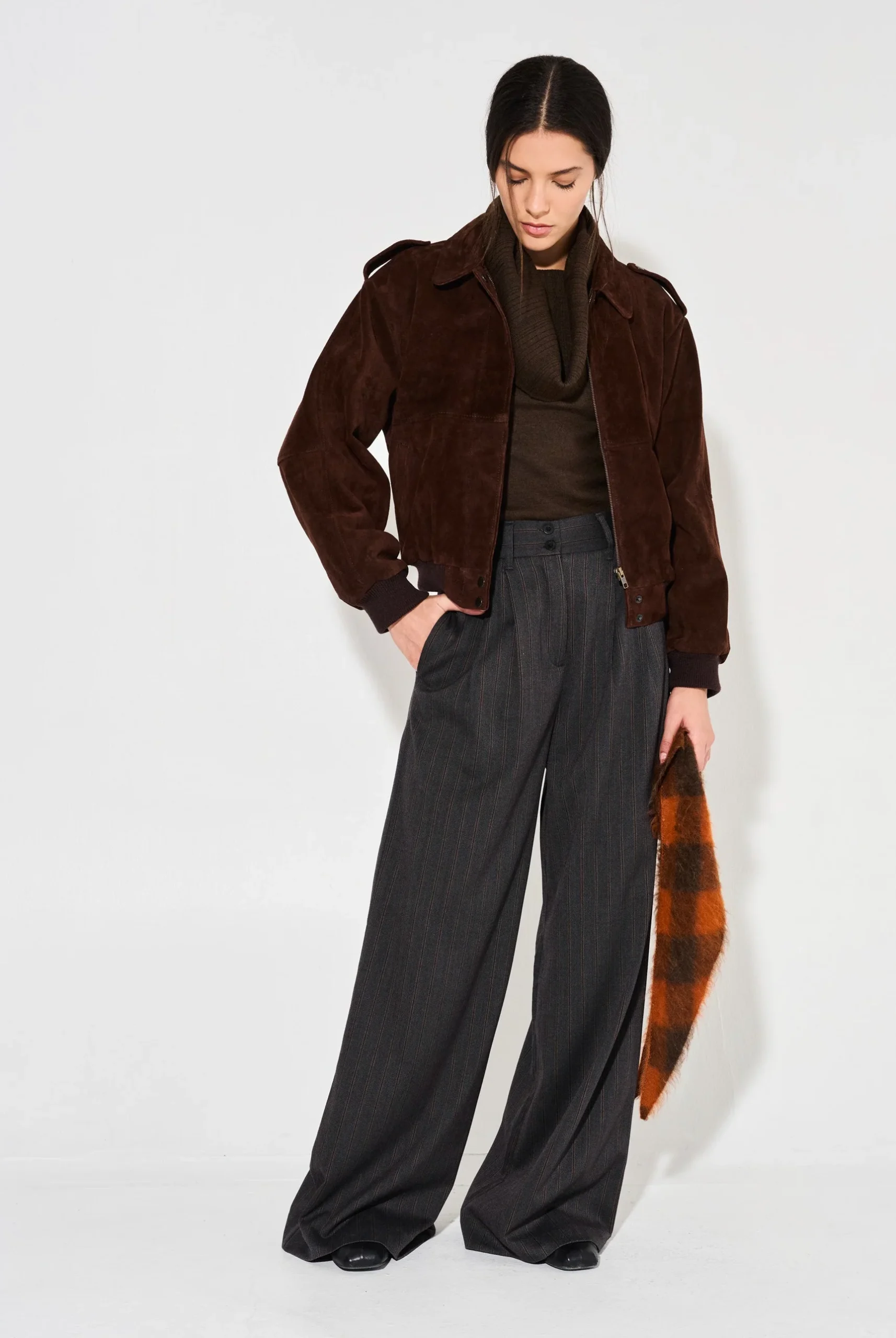 30 Chocolate Suede Jacket Outfits for Winter Outings That Are Chic, Warm and Elegant 4 Chocolate Suede Bomber Jacket with Wide-Leg Trousers