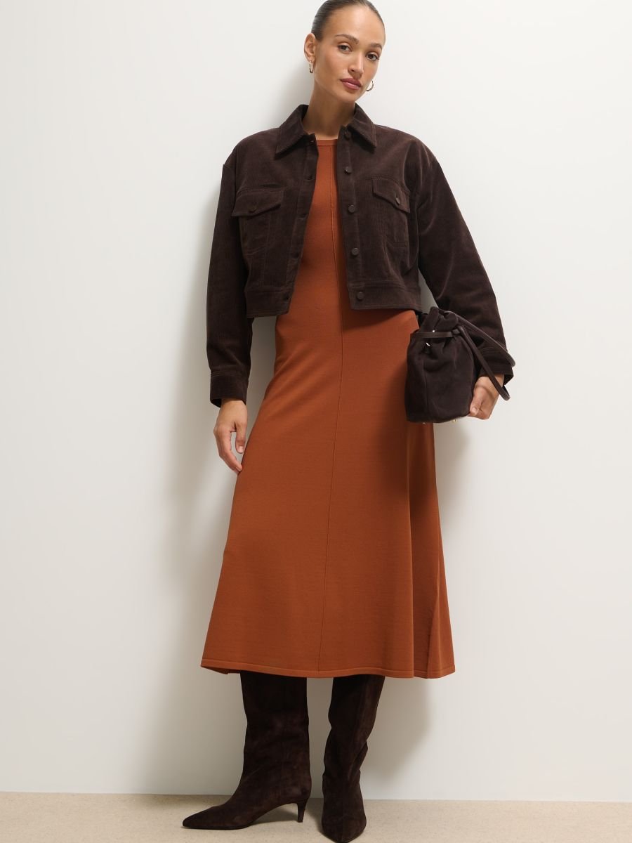 30 Chocolate Suede Jacket Outfits for Winter Outings That Are Chic, Warm and Elegant 5 Chocolate Suede Trucker Jacket with a Knit Dress