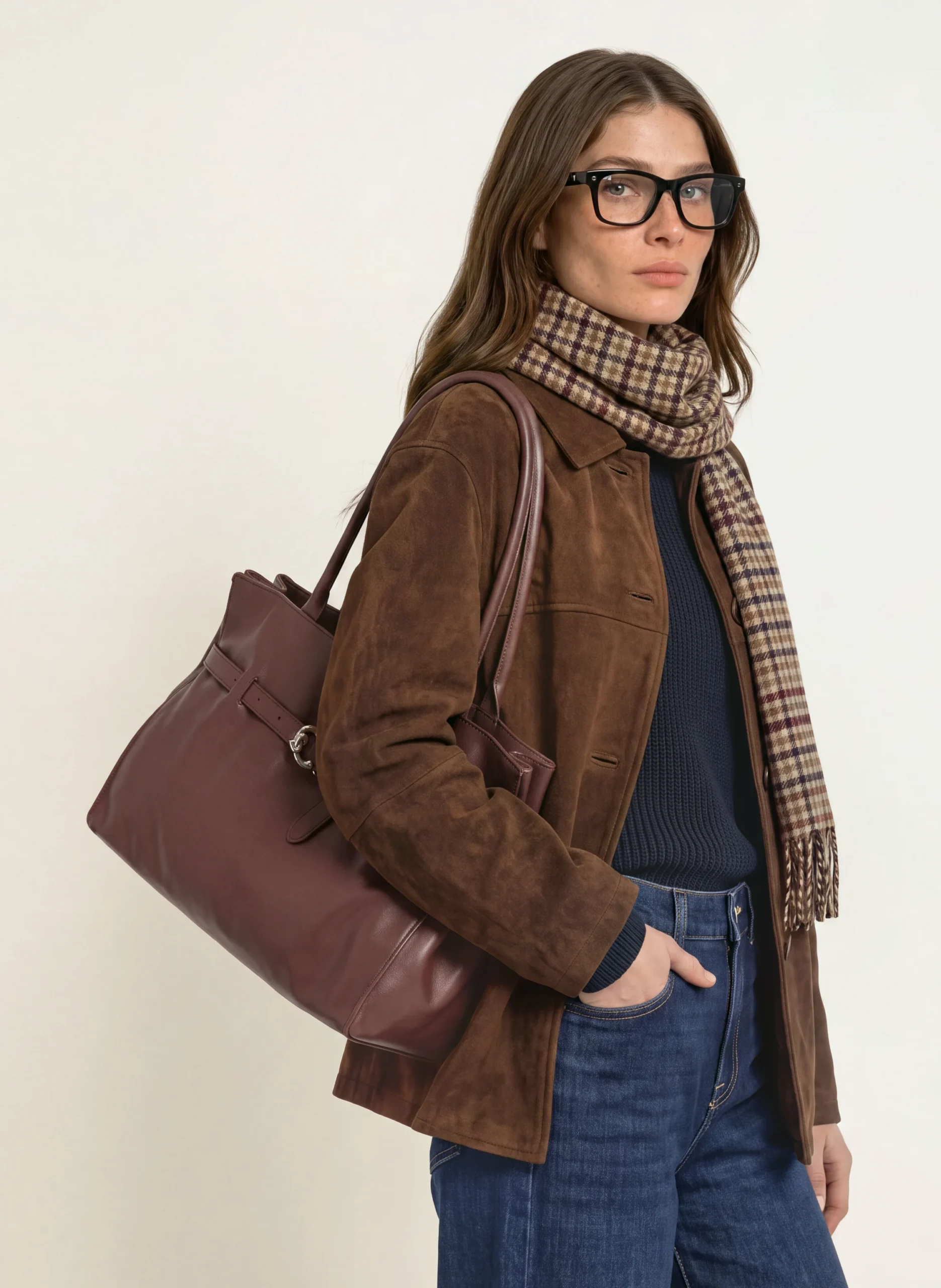 30 Chocolate Suede Jacket Outfits for Winter Outings That Are Chic, Warm and Elegant 8 Chocolate Suede Jacket with a Plaid Scarf and Jeans