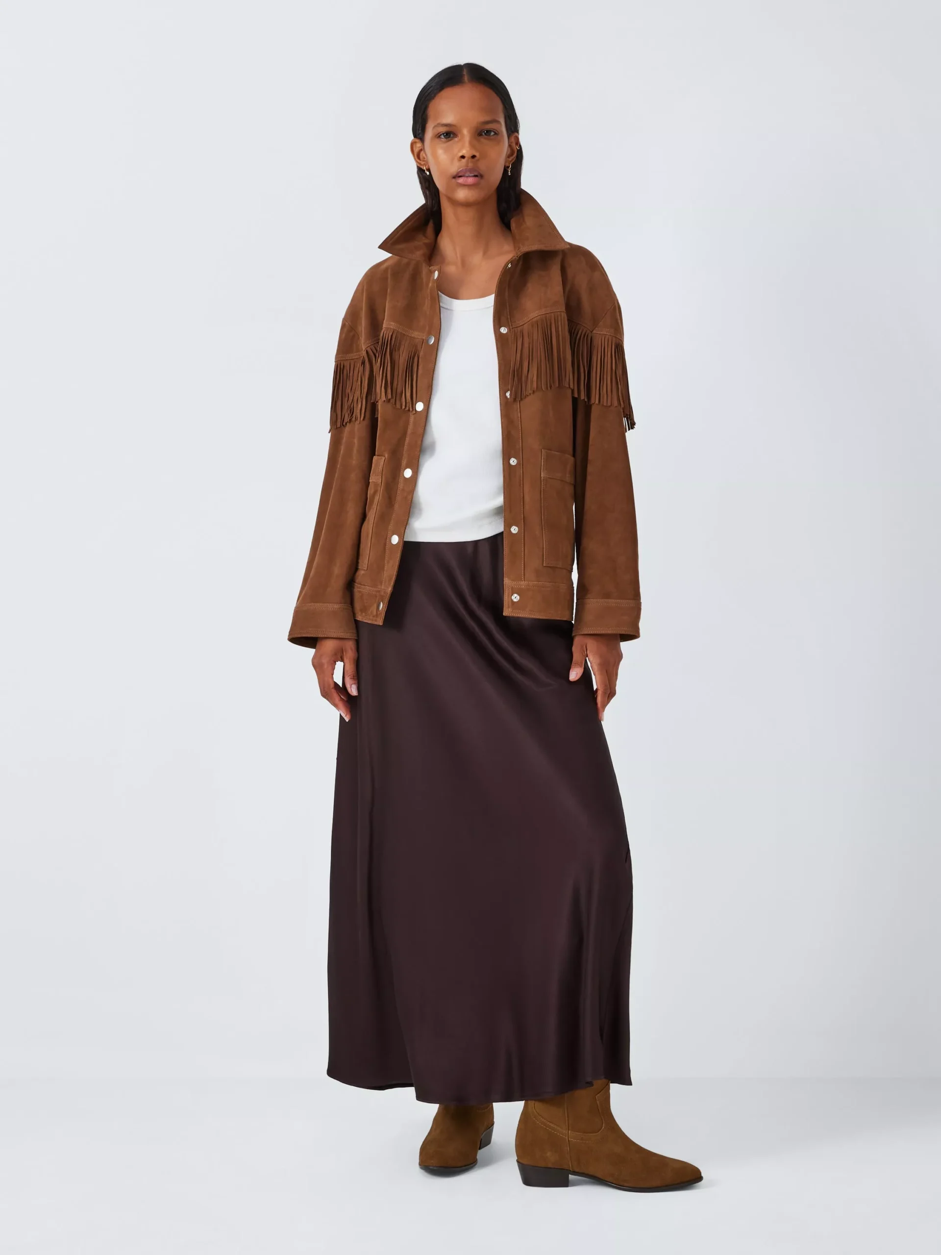 30 Chocolate Suede Jacket Outfits for Winter Outings That Are Chic, Warm and Elegant 9 Chocolate Suede Fringe Jacket with a Midi Skirt