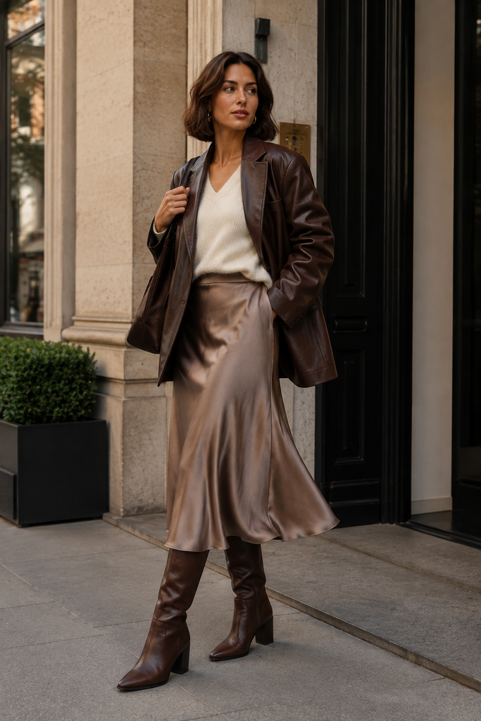 30 Chocolate Suede Jacket Outfits for Winter Outings That Are Chic, Warm and Elegant 12 Chocolate Suede Jacket with a Satin Skirt and Heels