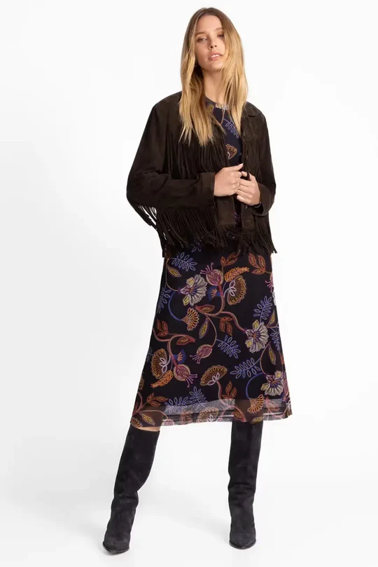 30 Chocolate Suede Jacket Outfits for Winter Outings That Are Chic, Warm and Elegant 16 Chocolate Suede Moto Jacket with a Floral Dress and Boots