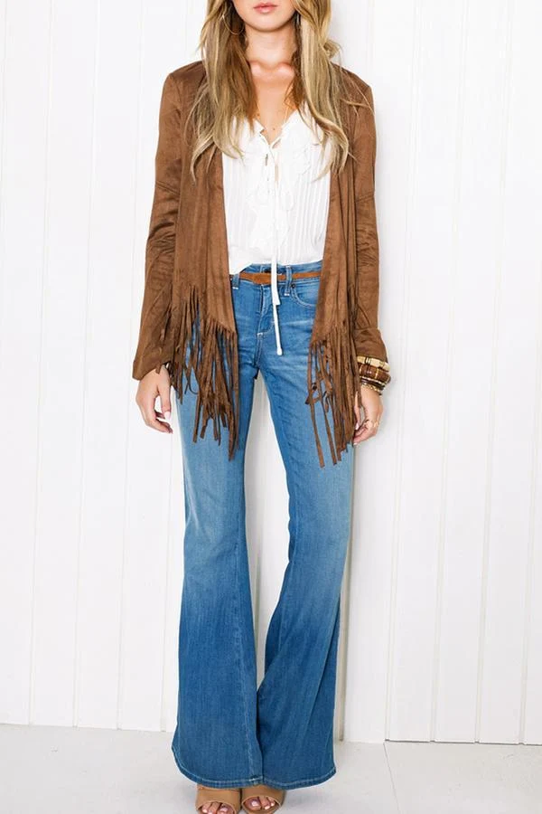 30 Chocolate Suede Jacket Outfits for Winter Outings That Are Chic, Warm and Elegant 25 Chocolate Suede Fringe Jacket with Jeans and a White Top