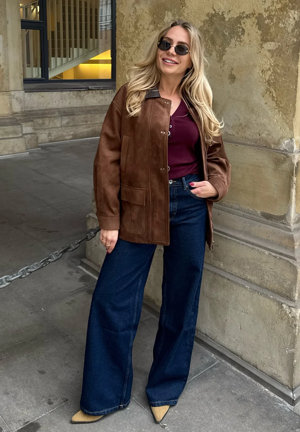 30 Chocolate Suede Jacket Outfits for Winter Outings That Are Chic, Warm and Elegant 26 Chocolate Suede Jacket with a Burgundy Knit and Dark Jeans