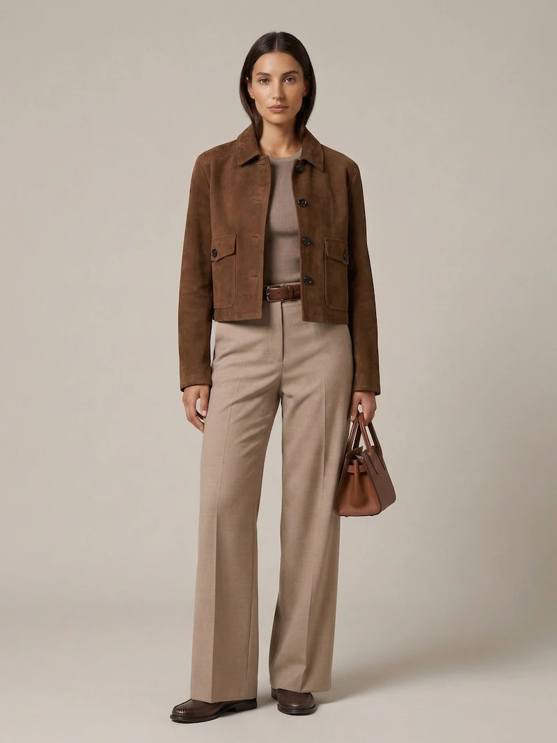 30 Chocolate Suede Jacket Outfits for Winter Outings That Are Chic, Warm and Elegant 28 Chocolate Suede Jacket with a Camel Knit and Cream Trousers