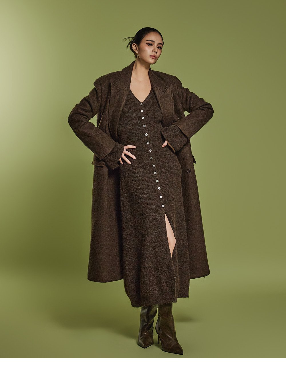 Chocolate Brown Knit Dress with Heeled Boots and a Wool Coat